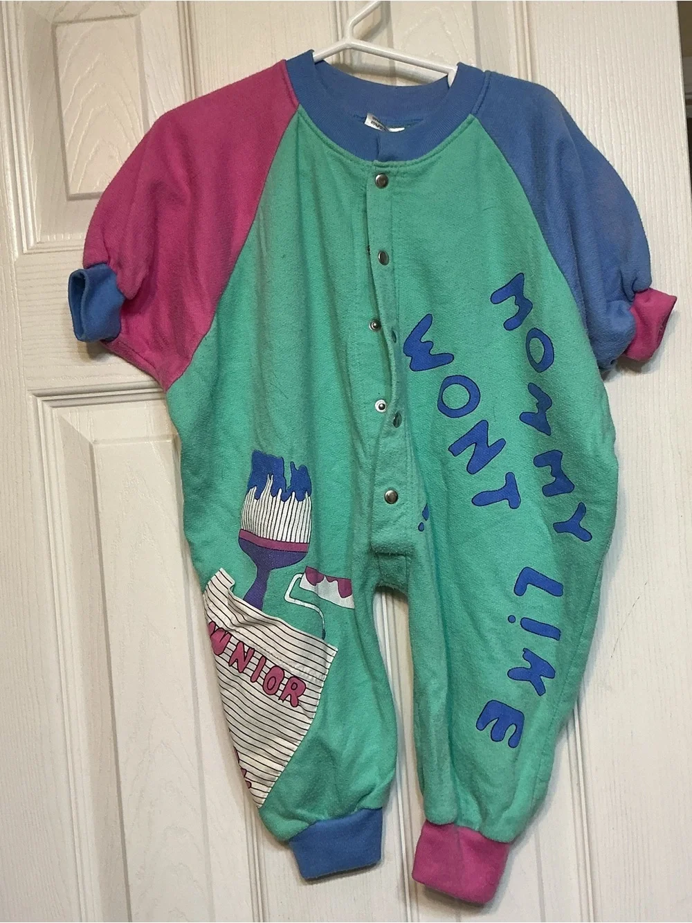 Vintage-Style Kids One Piece Romper in Teal, Blue & Pink